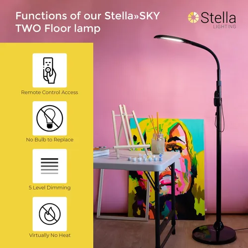 Vista 3 de Stella Sky Two - Lámpara de pie LED de alta calidad de 10 W, color negro, ajustable, regulable y de baja visión, luz solar natural, iluminación