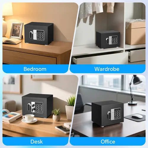Vista 8 de Caja fuerte pequeña para el hogar, 6.7 pulgadas de profundidad x 9 pulgadas de ancho x 6.7 pulgadas de alto, caja de seguridad electrónica con Negro
