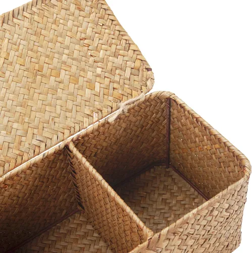 Vista 4 de DECRAFTS Cesta de almacenamiento de pastos marinos con tapa, rectangular, pequeña, tejida con secciones para organizar aperitivos, juguetes, tampón