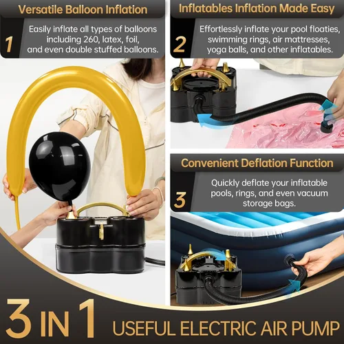 Vista 2 de Bezente Balloon Pump Electric, 3-in-1 Portable Black Gold Electric Air Machine Balloon Pump Dual Nozzle Balloon Inflator for Inflatables and Latex