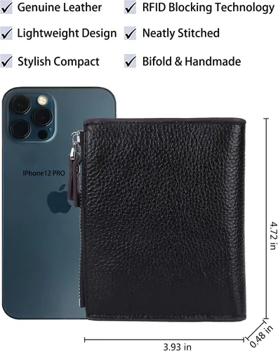 Vista 4 de Cartera de cuero con bloqueo RFID para mujer, pequeña, compacta, doble cremallera, con ventana para identificación