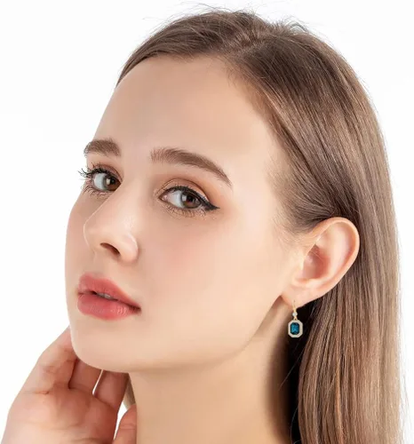 Vista 2 de Aretes colgantes octagonales con halo de cristal austriaco para mujer, chapados en oro rosa de 14 quilates, joyería hipoalergénica, regalos