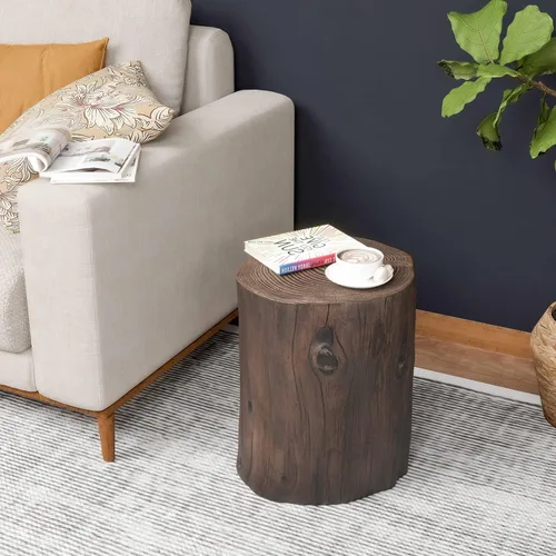 Vista 6 de HOMPUS Mesa auxiliar de hormigón para exteriores, mesa redonda moderna de tocón de árbol Taburete de jardín con extremo de madera sintética