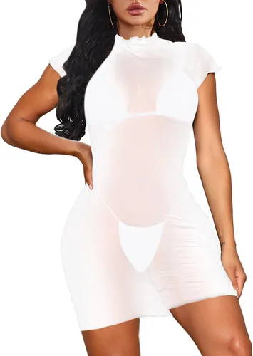 Vista 2 de Viottiset Vestido corto de malla transparente para mujer, cuello redondo, manga corta, traje de baño de playa