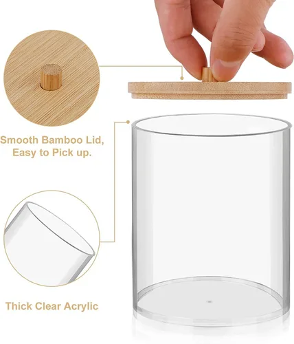 Vista 3 de Qtip - Dispensador de soporte con tapas de bambú y bandeja de tocador, recipientes de plástico transparente de 10 onzas para almacenamiento