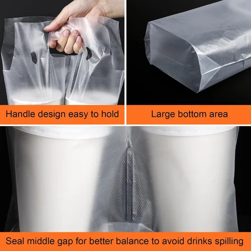 Vista 6 de Elyfree 200 unidades de transportador de bebidas para entrega, transportador de plástico transparente con asa para café/té/jugo, bolsas portátiles