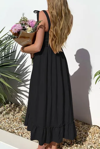 Vista 9 de ZESICA vestido bohemio y liso de verano para mujer acampanado con tirantes delgados cuello cuadrado y volantes vestido largo para la playa