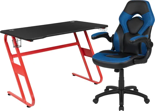 Vista 80 de Flash Furniture Juego de escritorio para juegos negro y silla de carreras blanco/negro con soporte para tazas, gancho para auriculares y soporte