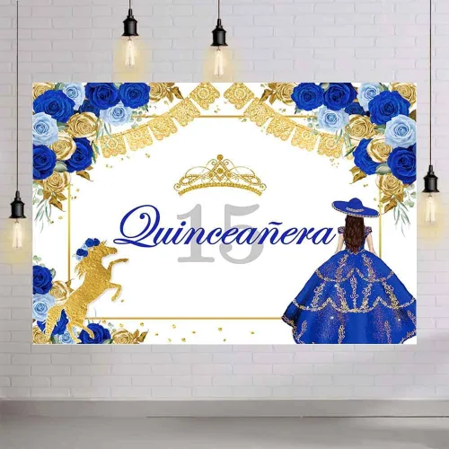 Vista 4 de AIBIIN Fondo de quinceañera azul de 7 x 5 pies para quinceañera para cumpleaños de 15 años, telón de fondo de fiesta mexicana, corona de rosa