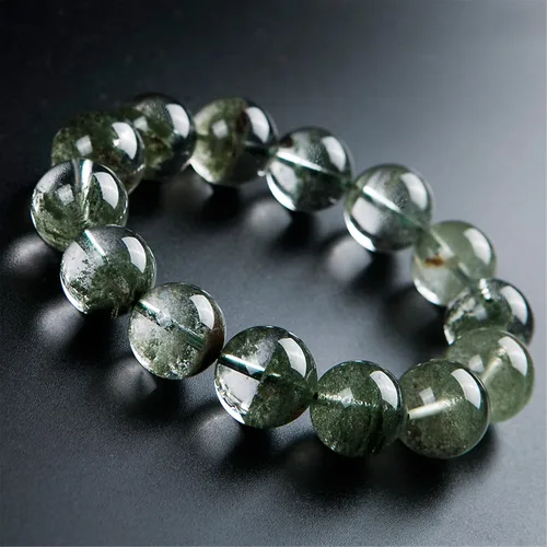 Vista 3 de Natural Green Phantom vidrio de cuarzo ronda Bead Stretch Mens pulsera 16mm