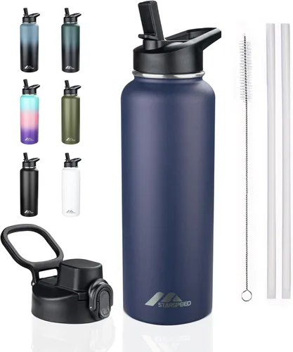 Vista 21 de StarSpeed Botella de agua aislada de 32 onzas con tapa con pajilla, botella de agua al vacío de doble pared de acero inoxidable, botella de agua
