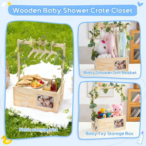Vista 7 de Armario de madera para baby shower, cesta de baby shower personalizada con corona y colgador, marco de fotos de ecograma Love at First Sight de Love
