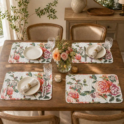 Vista 5 de DaDa Bedding - Juego de 4 manteles individuales para mesa de comedor, diseño de rosas románticas, de algodón, acolchado, para jardín, casa de campo