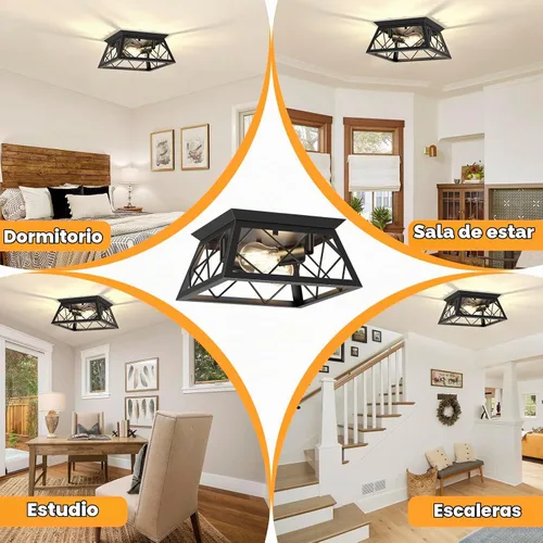 Vista 7 de FadimiKoo Lámpara de techo empotrada negra de 2 luces, lámpara de techo industrial para cocina de granja, lámpara de techo de jaula cuadrada