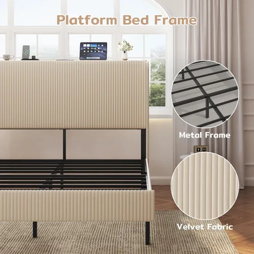 Vista 6 de Zevemomo Base de cama de terciopelo de tamaño matrimonial con cabecera tapizada, cabecera de almacenamiento de terciopelo copetudo, marcos de cama