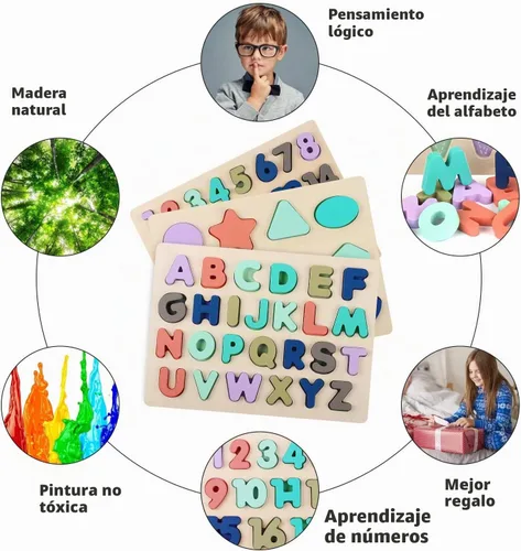 Vista 3 de Rompecabezas de madera para niños pequeños, rompecabezas de madera con forma de números del alfabeto, juguetes de aprendizaje para niños de 3, 4, 5