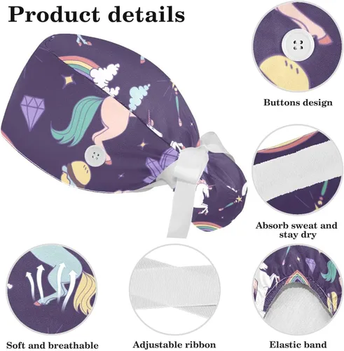 Vista 4 de Gorra de trabajo con banda para el sudor y botón, mito de unicornios arcoíris y nubes, gorras quirúrgicas ajustables para mujer