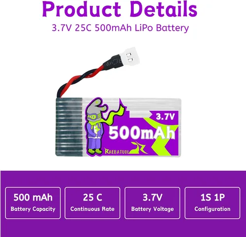 Vista 2 de Batería LiPo de 500mAh 3.7V 702035 con Molex XH2.54/Molex Plug,Compatible con DEERC F35, para LEAMBE P-40 Warhawk/Holystone/LEAMBE P-40 Warhawk RC