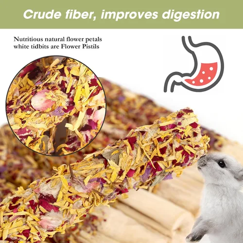 Vista 4 de Abizoo Juguetes masticables naturales para conejos, 10 palitos de bambú dulces para conejos, cobayas, chinchillas y hámsters, aperitivos de madera