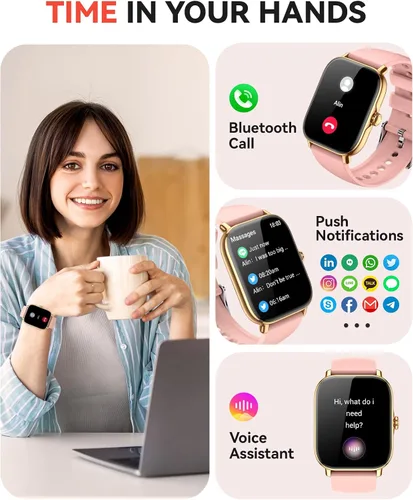 Vista 2 de Reloj inteligente para mujeres y hombres, llamadas Bluetooth, reloj de seguimiento de pasos para Android y iPhone, reloj inteligente impermeable