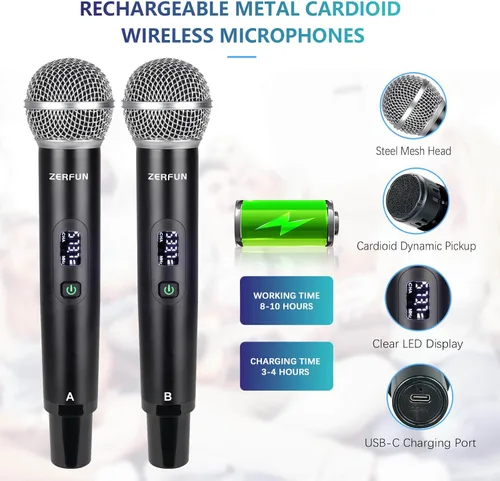Vista 4 de Pro - Sistema de micrófono inalámbrico de 4 canales recargable y preefector, micrófonos inalámbricos de mano de metal UHF con pantalla LCD, corte