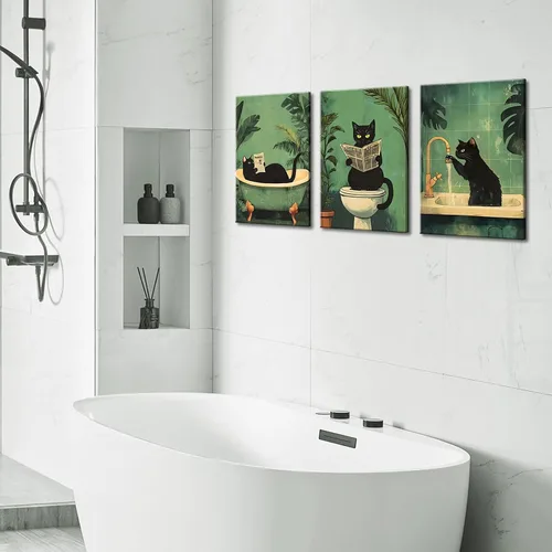 Vista 7 de 3 piezas de divertidos carteles de gato negro en lienzo para pared de baño Arte de pared vintage Gato se lava las patas leyendo el periódico