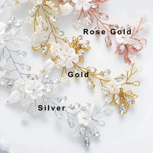Vista 2 de Unicra Flores de novia para el cabello de boda, perlas de vid, pieza de pelo de novia, accesorios para el cabello de cristal para mujeres y niñas