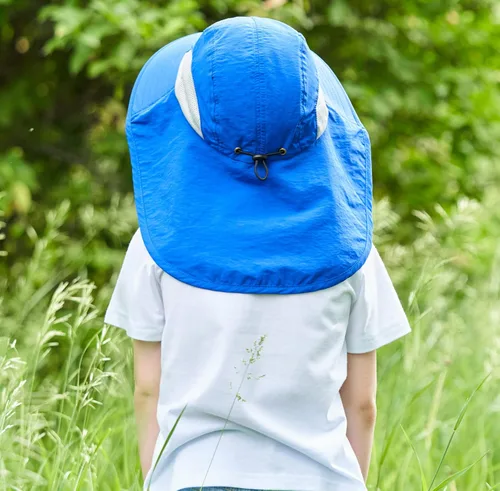 Vista 4 de Connectyle Sombrero de sol con protección UV de ala grande para niños con solapa para el cuello, gorra de pesca de malla Azul