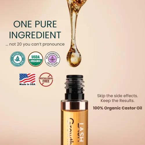 Vista 3 de Aceite de ricino orgánico USDA - Suero de crecimiento de pestañas de aceite de ricino prensado en frío totalmente natural con tubo de rímel