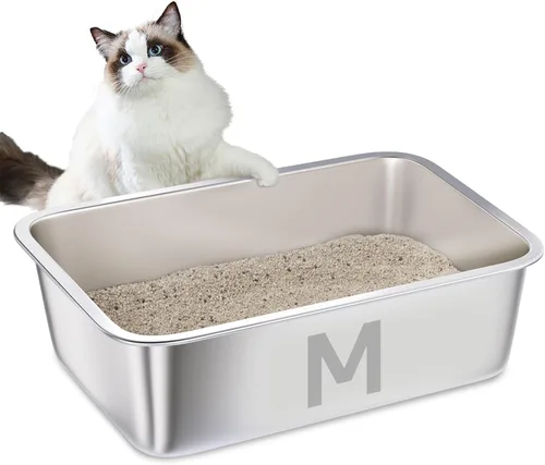 Vista 5 de Caja de arena de acero inoxidable, paquete de 2 cajas de arena de metal para gatos, caja de arena XL de acero inoxidable para gatos de 17.7 x 13.8 x