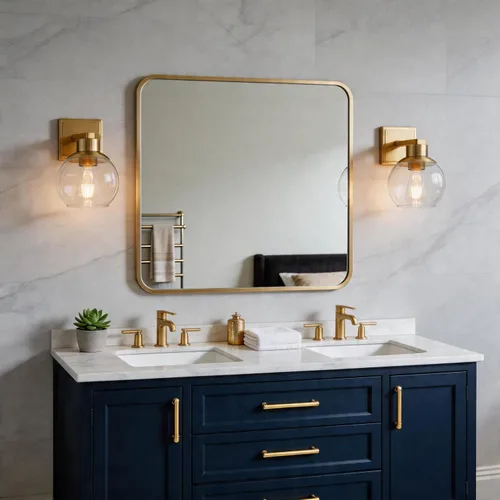 Vista 3 de Juego de 2 apliques de baño de latón cepillado, juego de dos apliques de pared dorados, lámpara de tocador de baño con pantalla de vidrio