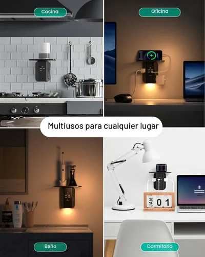 Vista 6 de Extensor de toma de pared con estante y luz nocturna, protector de sobretensiones, cargador de pared USB con 5 salidas USB y 3 puertos USB, 1 salida