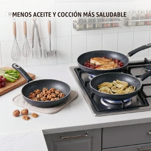 Vista 3 de Juego de sartén antiadherente, 3 piezas, compatible con inducción, 8 pulgadas, 9.5 pulgadas y 11 pulgadas