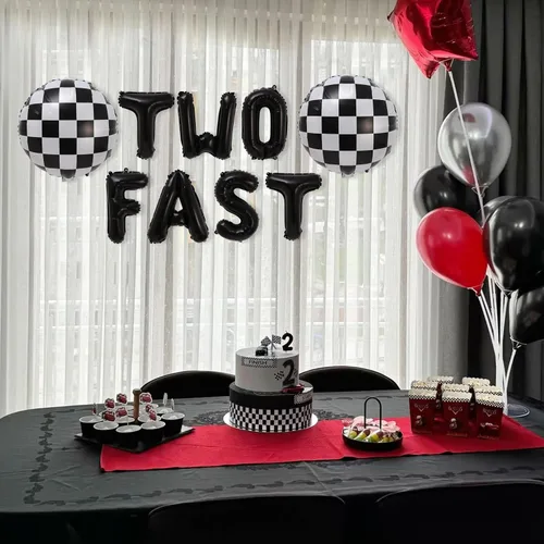 Vista 3 de Cartel de dos globos rápidos – Decoración de fiesta de coche de carreras de 2º cumpleaños, decoración de cumpleaños temática de carreras