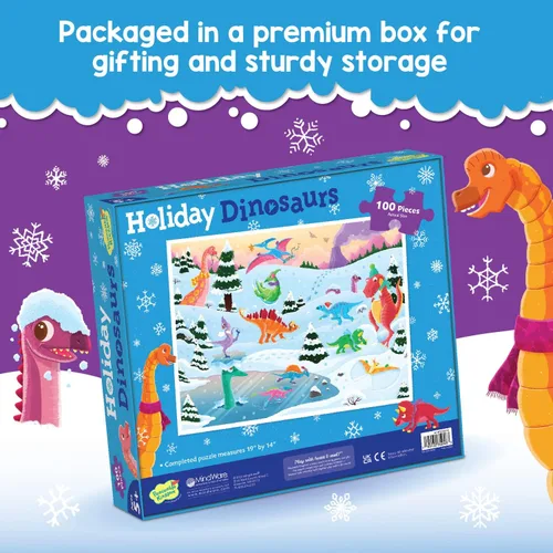 Vista 4 de Peaceable Kingdom Rompecabezas de dinosaurios navideños, rompecabezas de dinosaurios de 100 piezas para niños a partir de 5 años, ideal para aulas