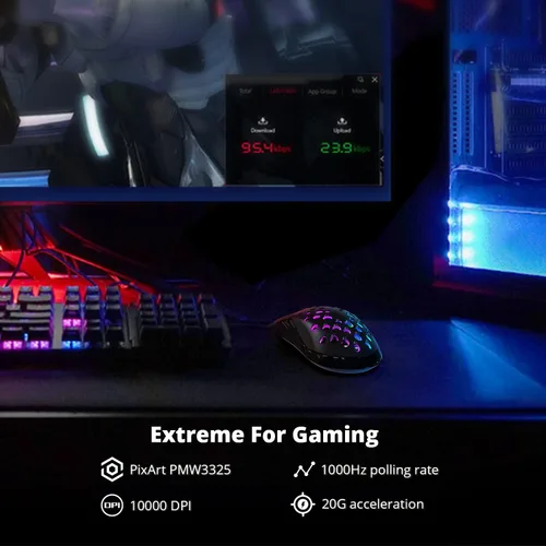 Vista 3 de DREVO Owl - Mouse inalámbrico RGB para juegos con 85G ligero, conectividad de 2.4G, 6 botones programables, sensor óptico PixArt PMW3325 y 6 niveles