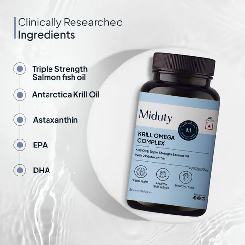 Vista 4 de Miduty Palak Notes Aceite de krill de pescado antártico, cápsula Omega 3 de triple fuerza con astaxantina, antioxidante, EPA y DHA