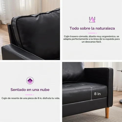 Vista 7 de Sofá pequeño de piel sintética negra, juego de 3 piezas (negro, 3)