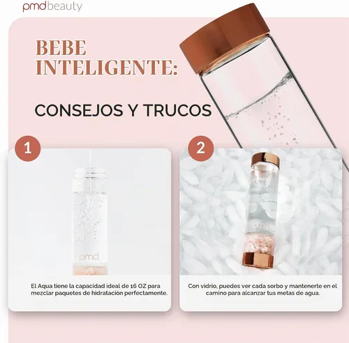 Vista 5 de PMD Beauty Botella de agua de vidrio Aqua con cuarzo rosa grado A de 16.2 onzas, botella de vidrio reutilizable, sin BPA, diseño minimalista