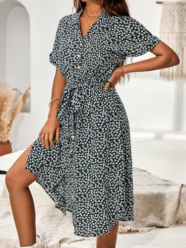 Vista 2 de CUPSHE Vestido camisero de manga corta con botones y volantes para mujer vestido de verano de manga corta cuello en V vestido midi