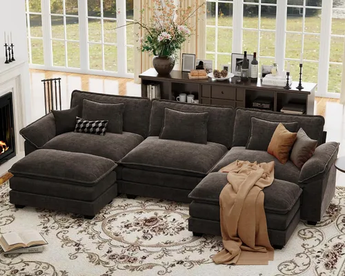 Vista 111 de Sofá modular de gran tamaño de 154 pulgadas, cómodo sofá en forma de U con 3 otomanas móviles, sofá moderno de felpilla de 7 plazas para sala