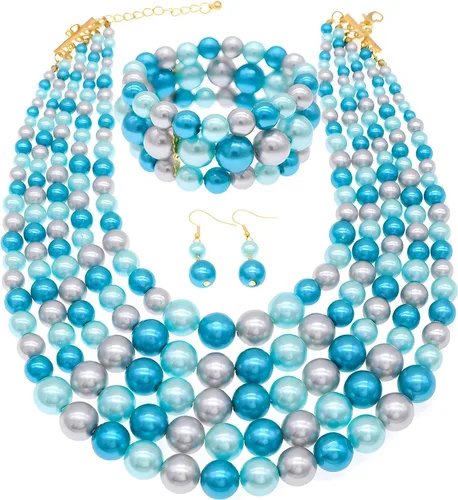 Vista 12 de JNF Collares grandes de perlas de imitación para mujer, collar de perlas de múltiples hebras, pulsera y aretes, collar de perlas para disfraz Negro