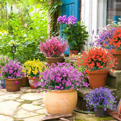 Vista 7 de Flores artificiales, 8 paquetes de plantas artificiales para exteriores, resistentes a los rayos UV, plantas artificiales, arbustos para interiores