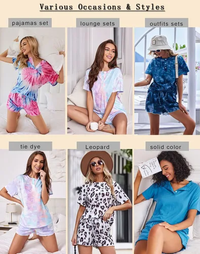 Vista 4 de Ekouaer Conjunto de pijamas teñidos con técnica tie dye para mujer, ropa de dormir, 2 piezas, conjuntos de pijamas, ropa de relajación A-tie Dye
