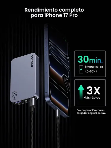 Vista 5 de UGREEN Nexode Pro 65W GaN USB C Cargador de Pared Delgado de 3 Puertos, Cargador Compacto Rápido PPS para iPhone Serie 17/16/15, MacBook Air, iPad