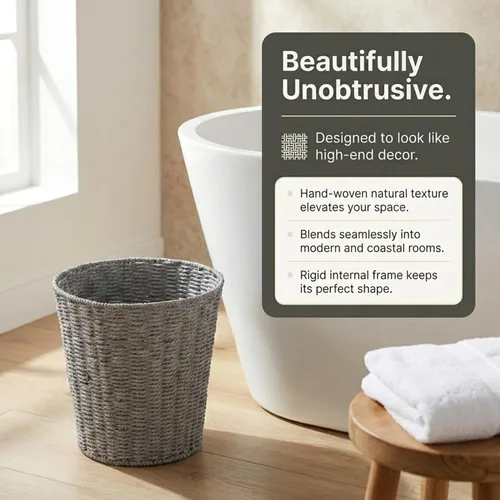 Vista 8 de [Usado] Household Essentials Cesta de basura tejida, papelera de cuerda de papel gris para baño, dormitorio, oficina