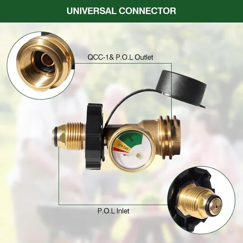 Vista 4 de Adaptador de tanque de propano de 100 libras con medidor, medidor de tanque de propano POL de ajuste universal convierte la válvula de servicio