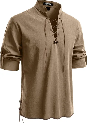 Vista 48 de JEMITOP Men's Pure Cotton Renaissance Lace Up Shirt Verde militar