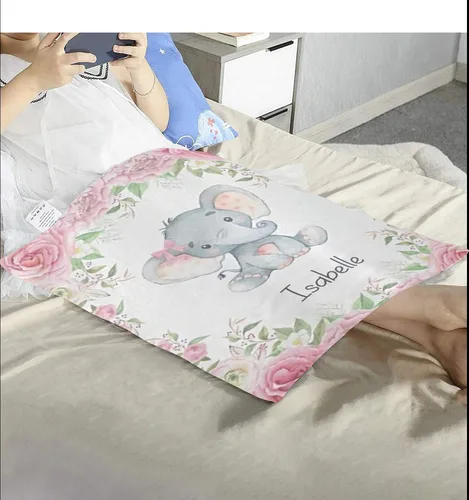 Vista 5 de Manta de forro polar súper suave para bebé niña con nombre personalizado y diseño de elefante rosa para cumpleaños de niño y niña, 30 x 40 pulgadas