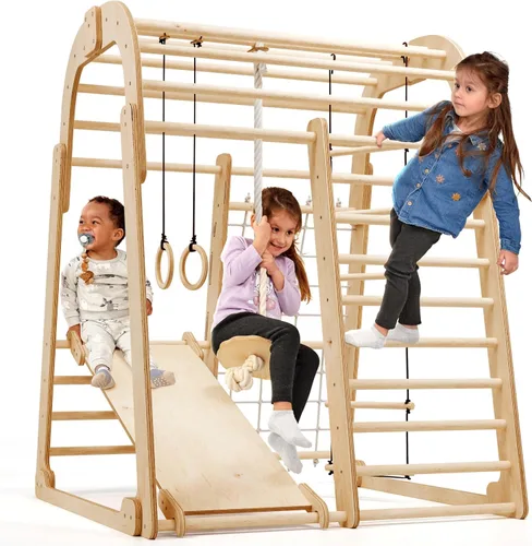 Vista 13 de Goodevas Mejora el marco de escalada interior 9 en 1 para niños, marco de escalada Montessori con tobogán, columpio, pared de escalada, triángulo